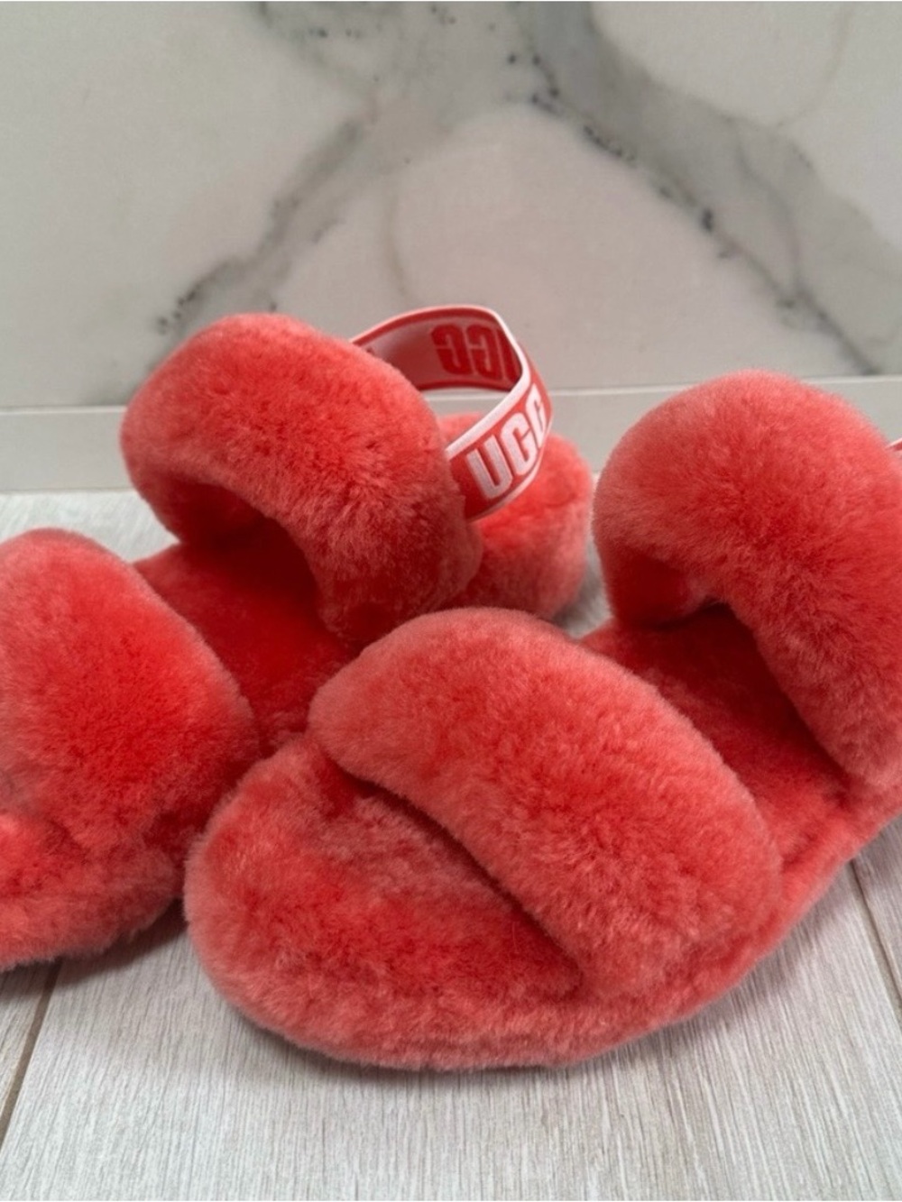 UGG Shearling Double-Band Slide Sandals in Coral